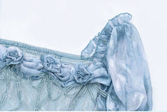 Puff Sleeves Blue Tie-dye Rosette Design Dress Tiered Skirt