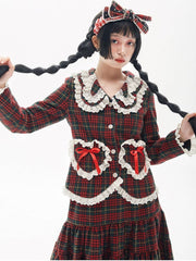 Lace Trim Petal Collar Bowknot Details Wine Red Plaid Jacket