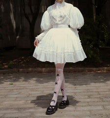 White  Leg-of-Mutton Sleeves Vintage Lace Blouse and White Skirt Short Version Set