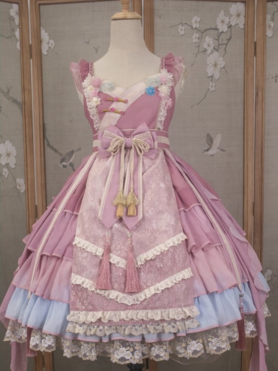 NEKOMATA'S TEMPTATION Peach Wine Floral Decoration Neckline Tiered Flounce Hem Jumper Skirt