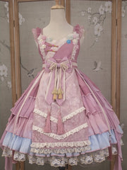 NEKOMATA'S TEMPTATION Peach Wine Floral Decoration Neckline Tiered Flounce Hem Jumper Skirt