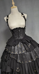Black Gothic Lolita Under Bust Corset High Waist Layered Pleated Skirt with Shoulder Straps