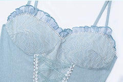 Lace-up Detail Ruffle Trim Blue Slip Dress High-low Skirt