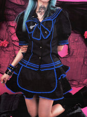 Contrast Blue Trim Black Sailor Collar Top and Tiered Mini Skirt Set Studs Decorated