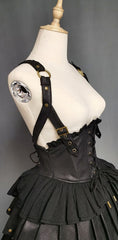 Clearance - Size 2XL for Waist 86-104cm Black Gothic Lolita Under Bust Corset High Waist Layered Pleated Skirt with Shoulder Straps