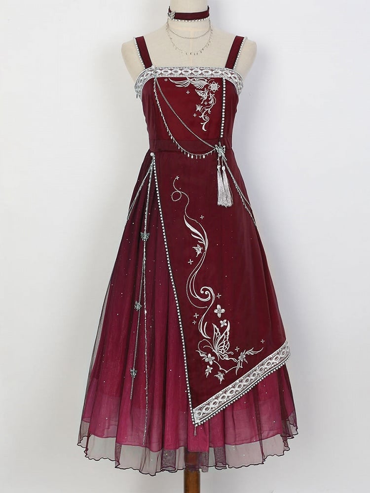 Wine Red Midi Dress Butterfly Embroidery and Chain