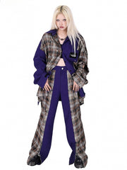 Plaid Patchwork Design  Zip Cuffs Purple Wide Leg Pants