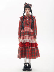 Peter Pan Collar Bowknot Details Patchwork Design Flounce Hem Red Plaid Dress