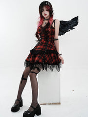 Red Plaid Pattern Sweetheart Neckline Slip Dress