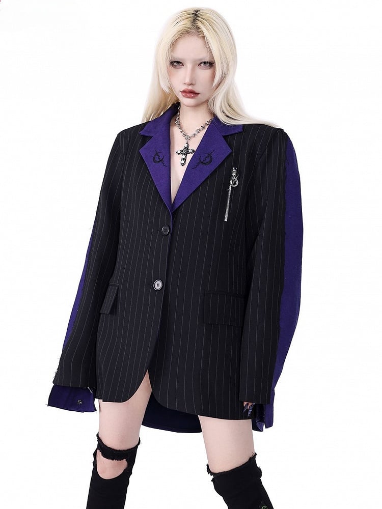Patchwork Design Crescent Moon Embroidery Black＆Purple Blazer