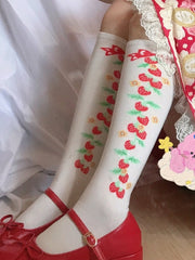 Sweet Strawberries Pattern Underknee Stockings White/Black/Pink