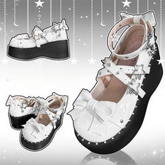 Star Buckles Polished White Platforms Silver-tone Studs Bow at Top