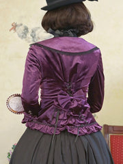 Dark Lace-up Detail Ruffle Trim Velvet Vintage  Jacket