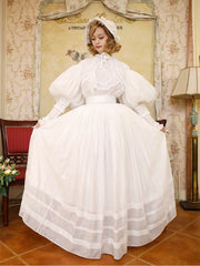 White Leg-of-Mutton Sleeves Vintage Lace Blouse and White  Skirt Long Version Set
