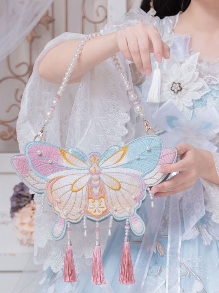 Pink and Blue Tassels Decorated Embroidered Butterfly Bag