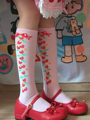 Sweet Strawberries Pattern Underknee Stockings White/Black/Pink