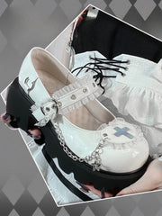 Lace Trim Heart-shaped Buckle Strap Chain Cross Decorated PU White Platforms