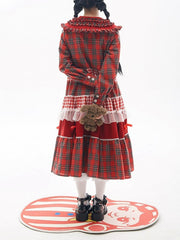 Peter Pan Collar Bowknot Details Patchwork Design Flounce Hem Red Plaid Dress