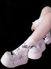 Metal Bones Decorated White Platforms Punk Shoes Studs Chain Design
