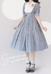 Three Colors Banded Collar Striped Pattern Short Sleeves One Piece