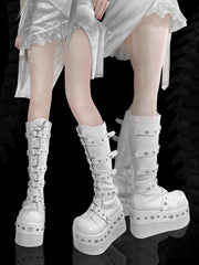 White Platform Boots with Heart-shaped Studs and Buckle Straps