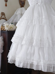 White Tiered Ruffle Skirt High Waist Jumper Skirt