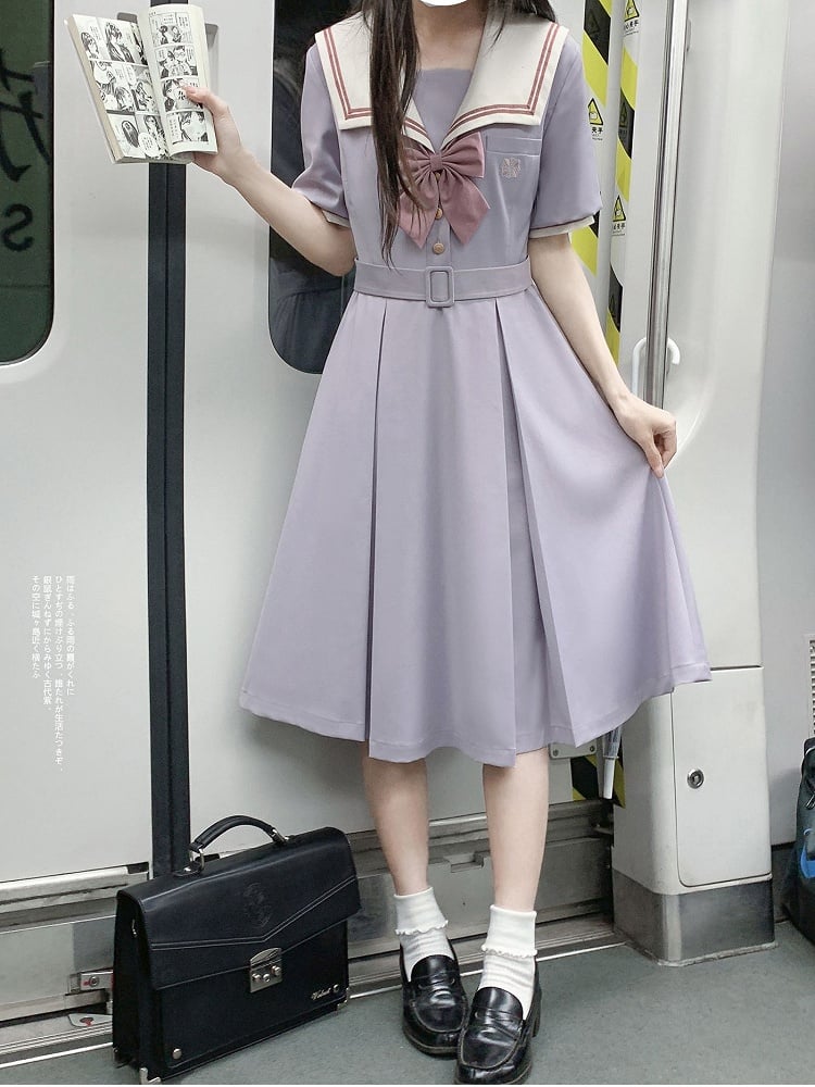 Light Purple Embroidered Dress JK Uniform Sailor Collar with Belt