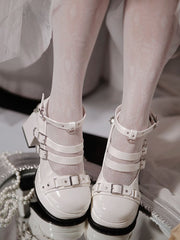Wordless Poetry Buckle Straps PU Polished White High Block Heel Lolita Shoes