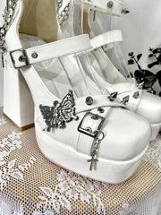 Metal Butterfly Decorated White Mary Jane Shoes High Block Heel Chain Design