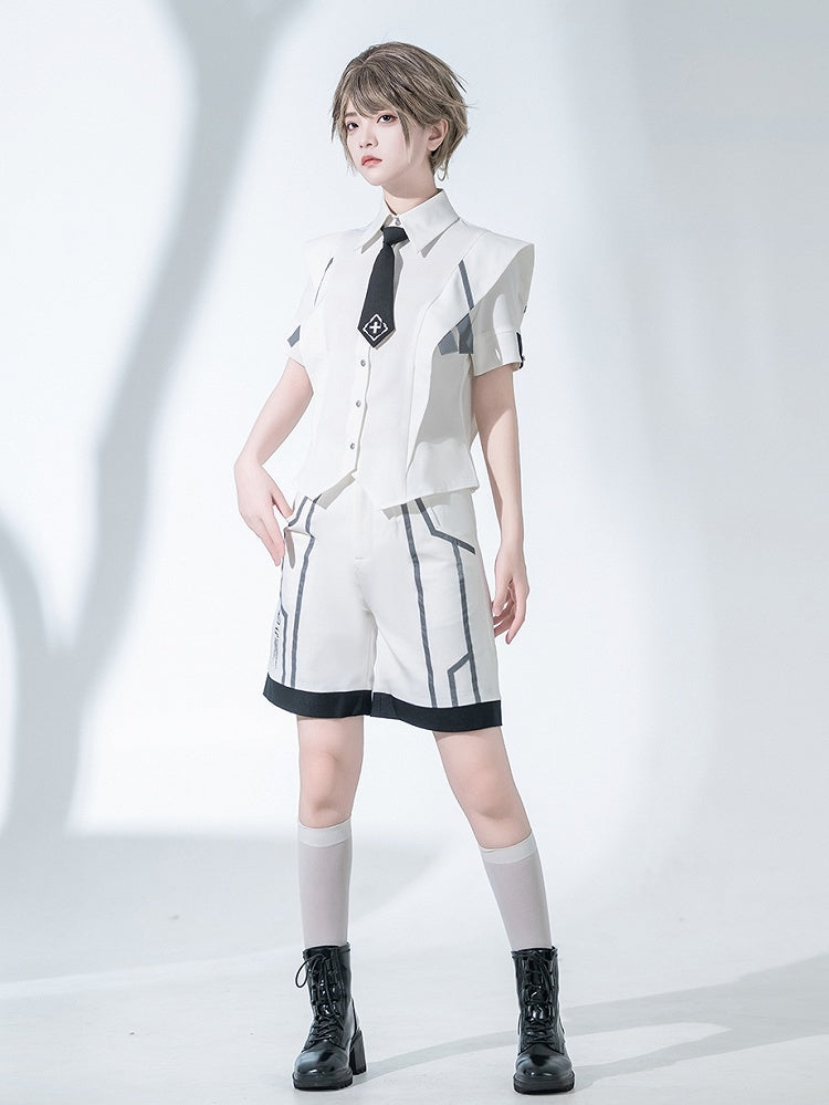 White Techwear Shorts with Gray Tech Lines and Black Contrast Trim