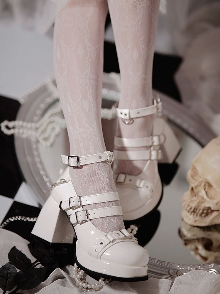 Wordless Poetry Buckle Straps PU Polished White High Block Heel Lolita Shoes