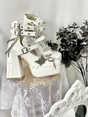 Metal Butterfly Decorated White Mary Jane Shoes High Block Heel Chain Design