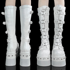 White Platform Boots with Heart-shaped Studs and Buckle Straps