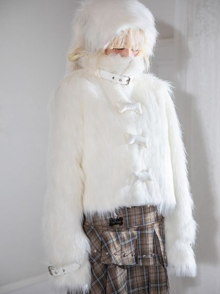 Punk Bone-shaped Buttons Belt Buckles Cuffs White Plush  Coat
