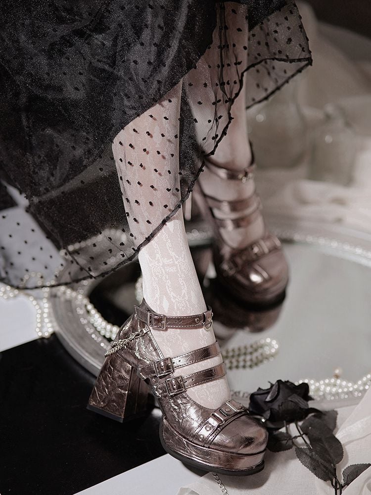 Wordless Poetry Buckle Straps PU Metallic Color High Block Heel Lolita Shoes