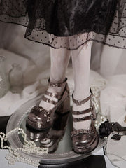 Wordless Poetry Buckle Straps PU Metallic Color High Block Heel Lolita Shoes