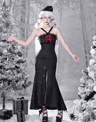 Gothic Christmas Lace Trim Thigh-high Slit Mermaid Skirt Tweed Sheath Dress