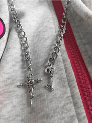 Pink Letter and Skull Print Zip Hoodie