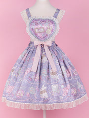 In Stock Girl's Boudoir Bunny Print Heart-shaped Bodice Sweet Overall Skirt