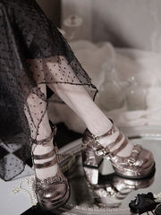 Wordless Poetry Buckle Straps PU Metallic Color High Block Heel Lolita Shoes
