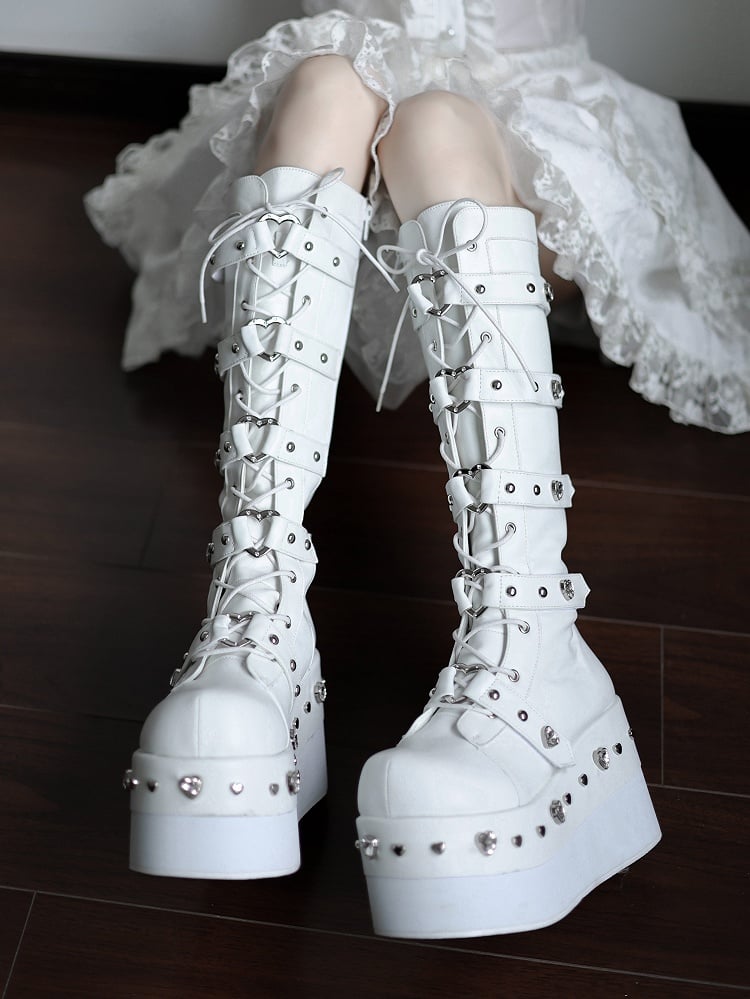 White Platform Boots with Heart-shaped Studs and Buckle Straps