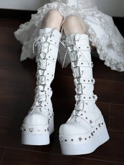 White Platform Boots with Heart-shaped Studs and Buckle Straps