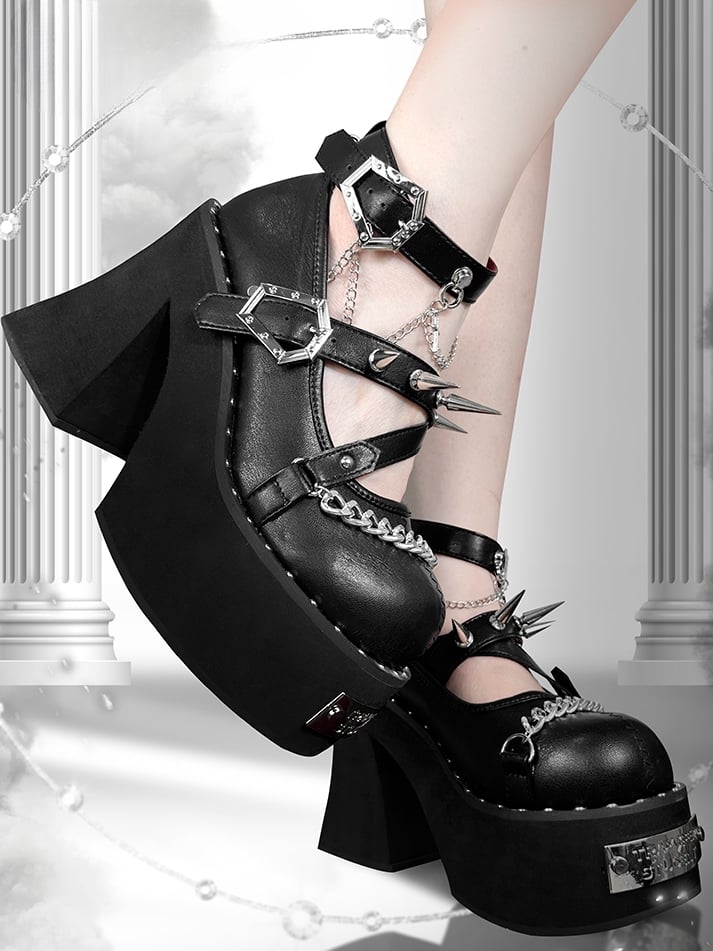 Studs Design Matte Black High Block Heel Platforms Round Toe Punk Shoes