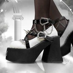 Studs Design Matte White High Block Heel Platforms Round Toe Punk Shoes