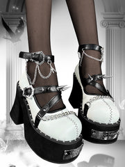 Studs Design Matte White High Block Heel Platforms Round Toe Punk Shoes