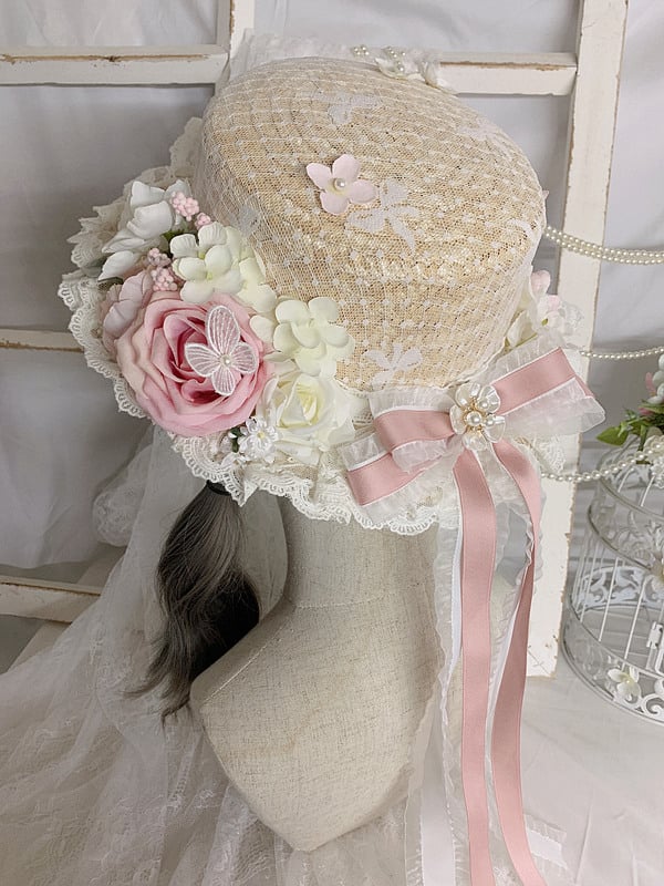 Handmade Flower Details Bow Lace Lolita Straw Hat