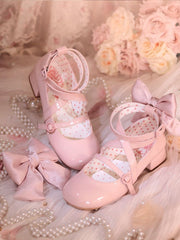 Bow Accents Light Pink Block Heel Ankle Strap