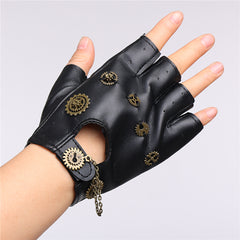 Steampunk Gears Chain Black PU Gloves