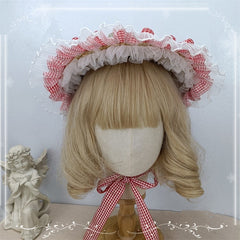 Clearance - Strawberries Red Plaid Lace Trim Straw Hat