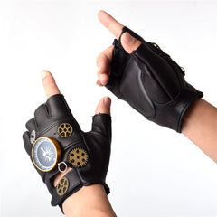 Steampunk Compass Decorative Black PU Gloves
